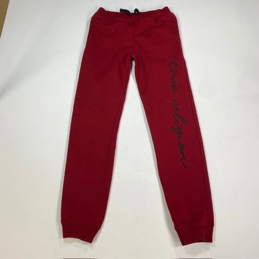True‎ Religion Mens Red Script Logo Fleece Jogger Sweatpants Size Large
